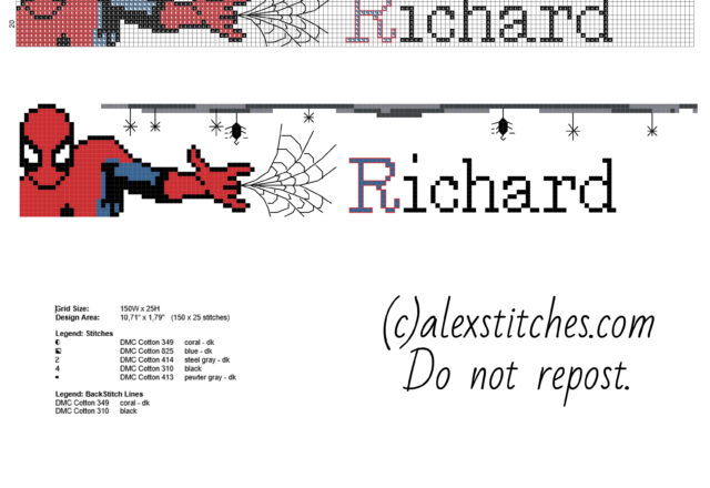Cross stitch baby male name Richard with Superhero Spider Man