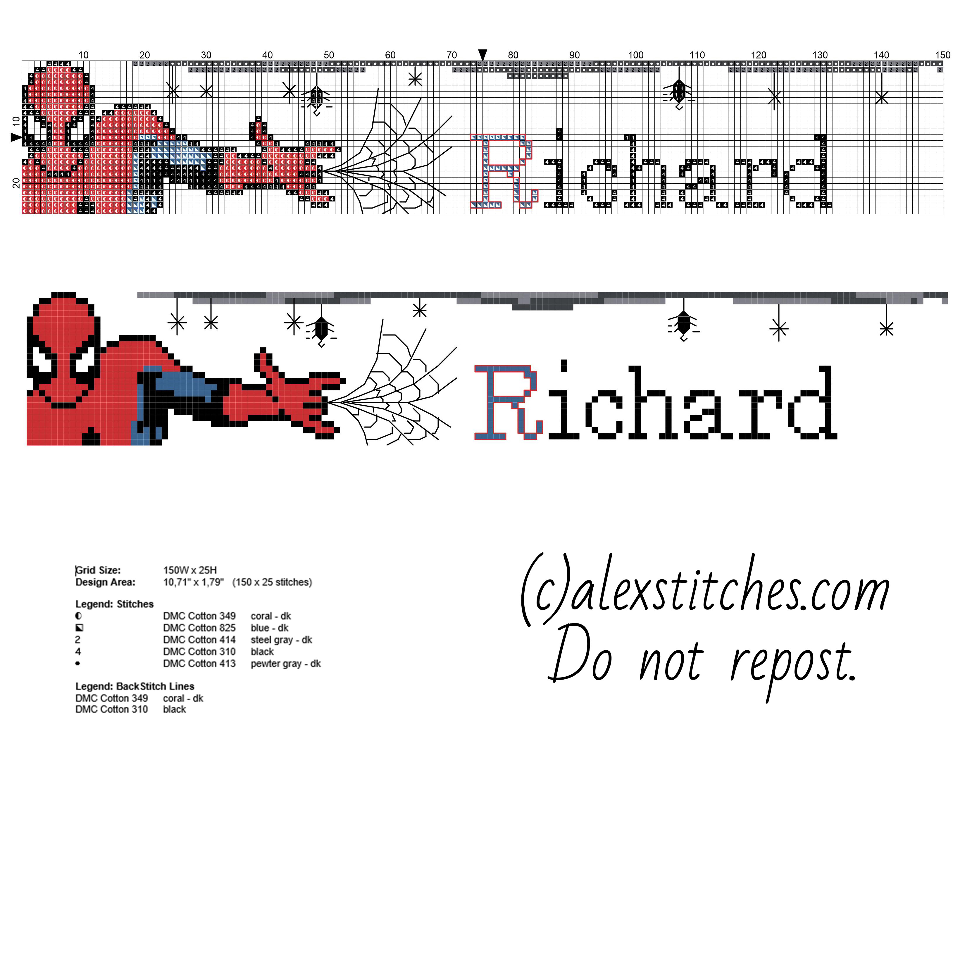 Cross stitch baby male name Richard with Superhero Spider Man