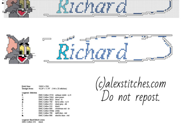 Cross stitch baby male name Richard with Tom the cat free pcstitch download