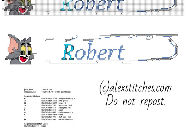 Cross stitch baby male name Robert with Tom the cat cartoon character free download