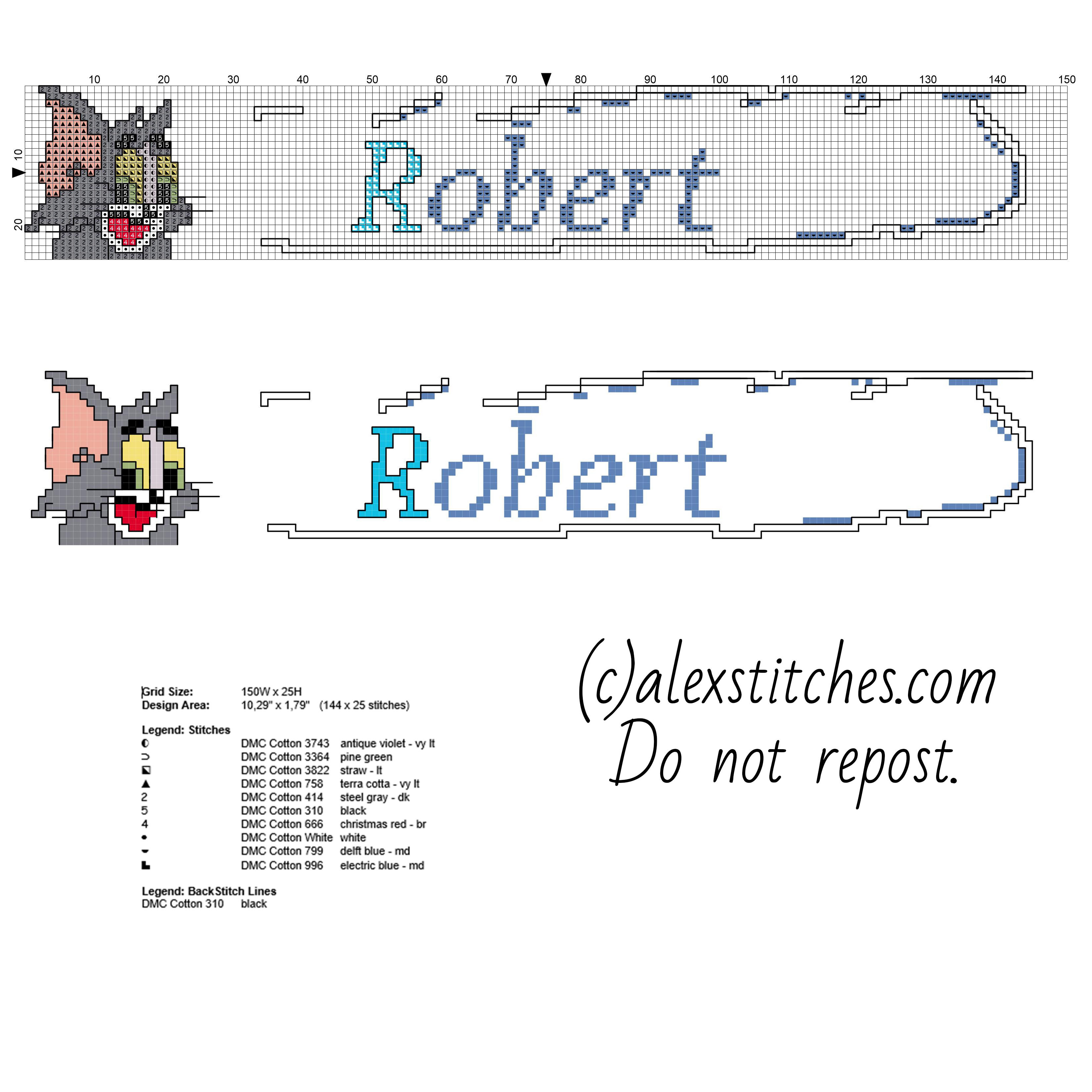Cross stitch baby male name Robert with Tom the cat cartoon character free download