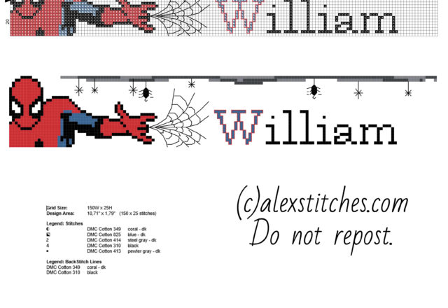 Cross stitch baby male name William with Spider Man