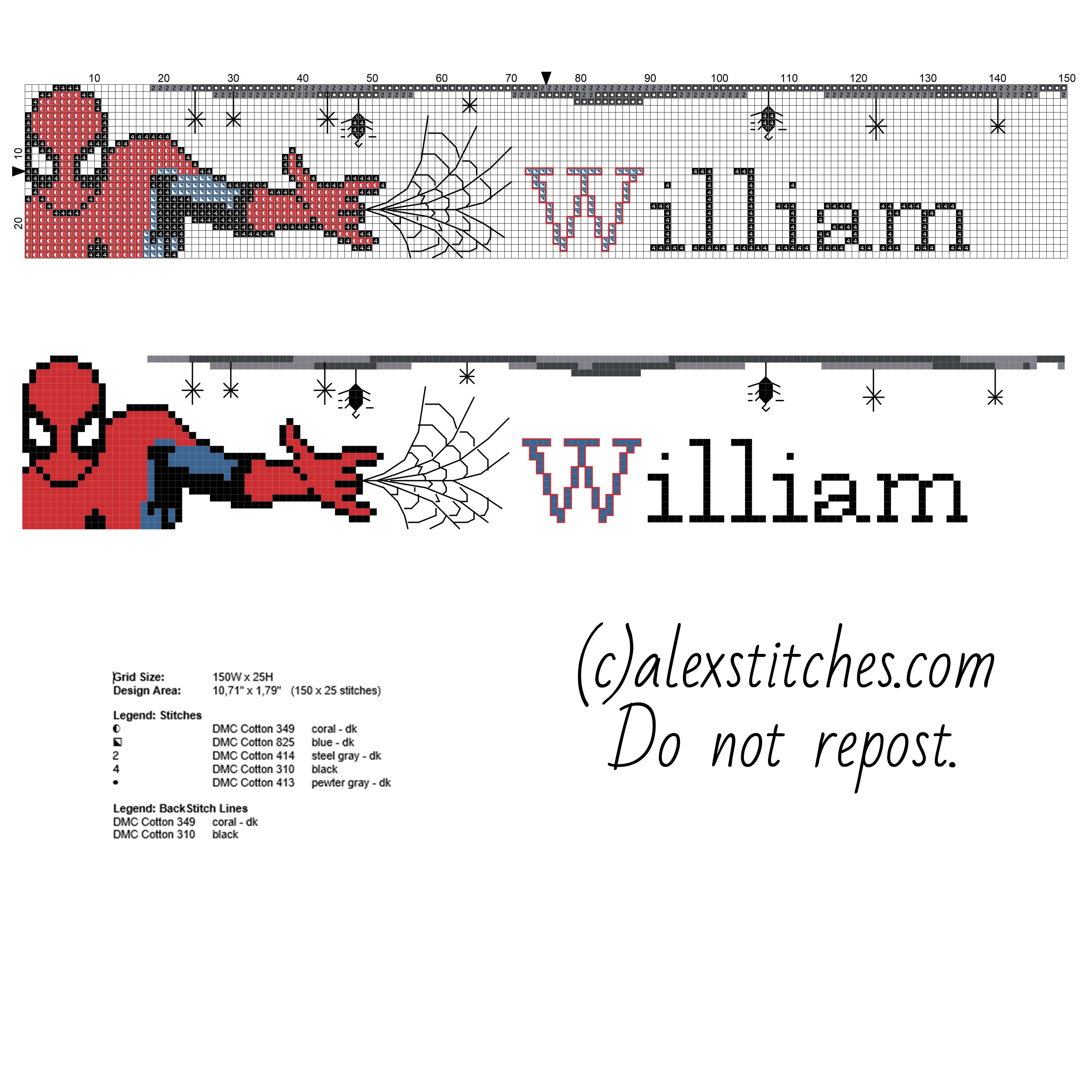 Cross stitch baby male name William with Spider Man