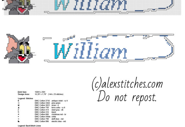 Cross stitch baby male name William with Tom the cat free download made with pcstitch software