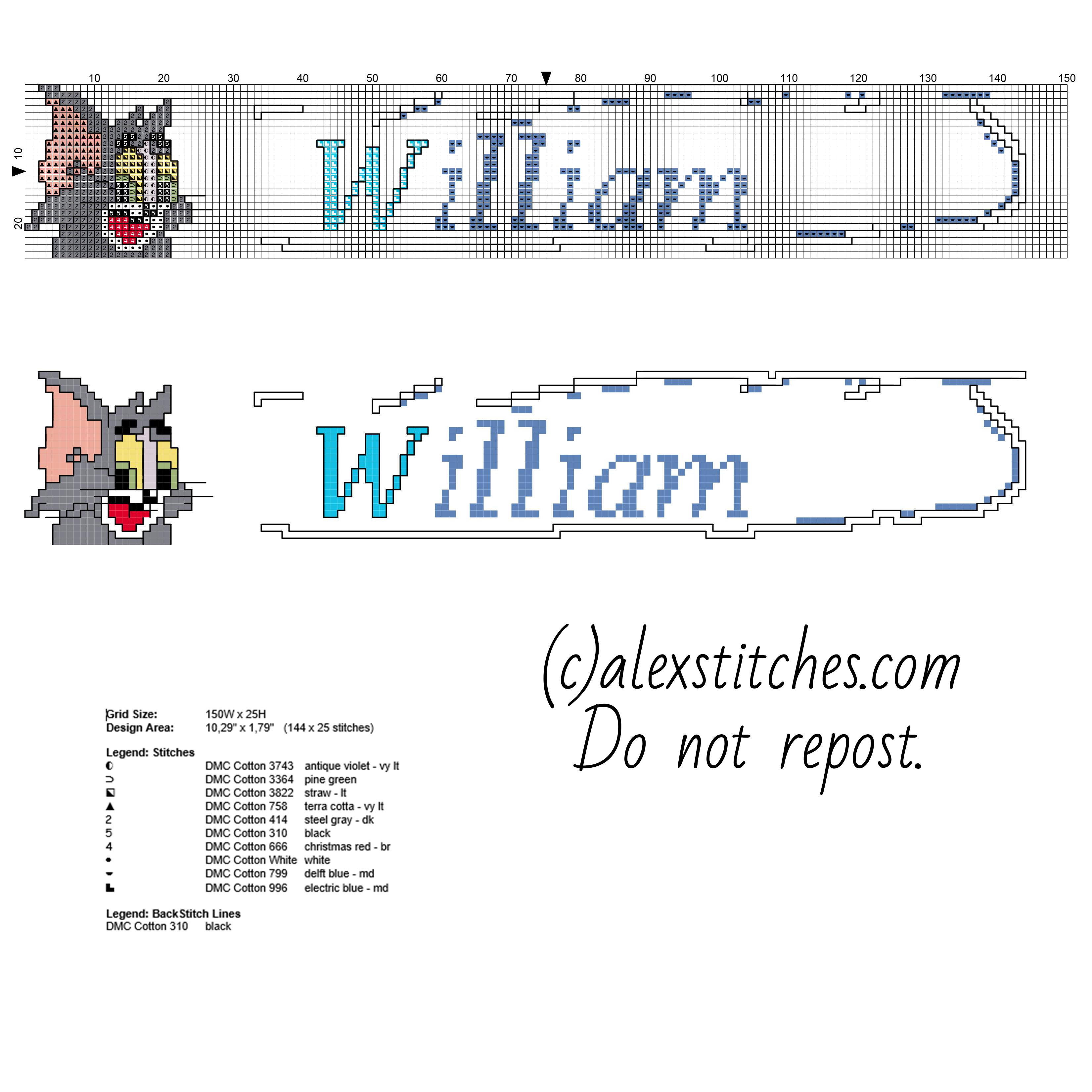 Cross stitch baby male name William with Tom the cat free download made with pcstitch software