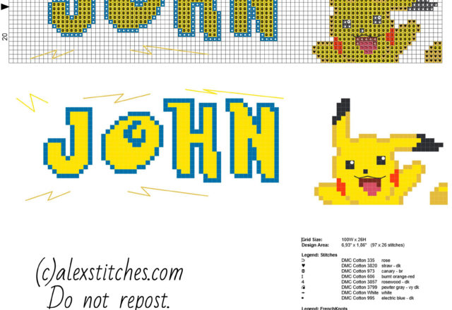 Cross stitch baby male name with Pikachu and Pokemon font free download