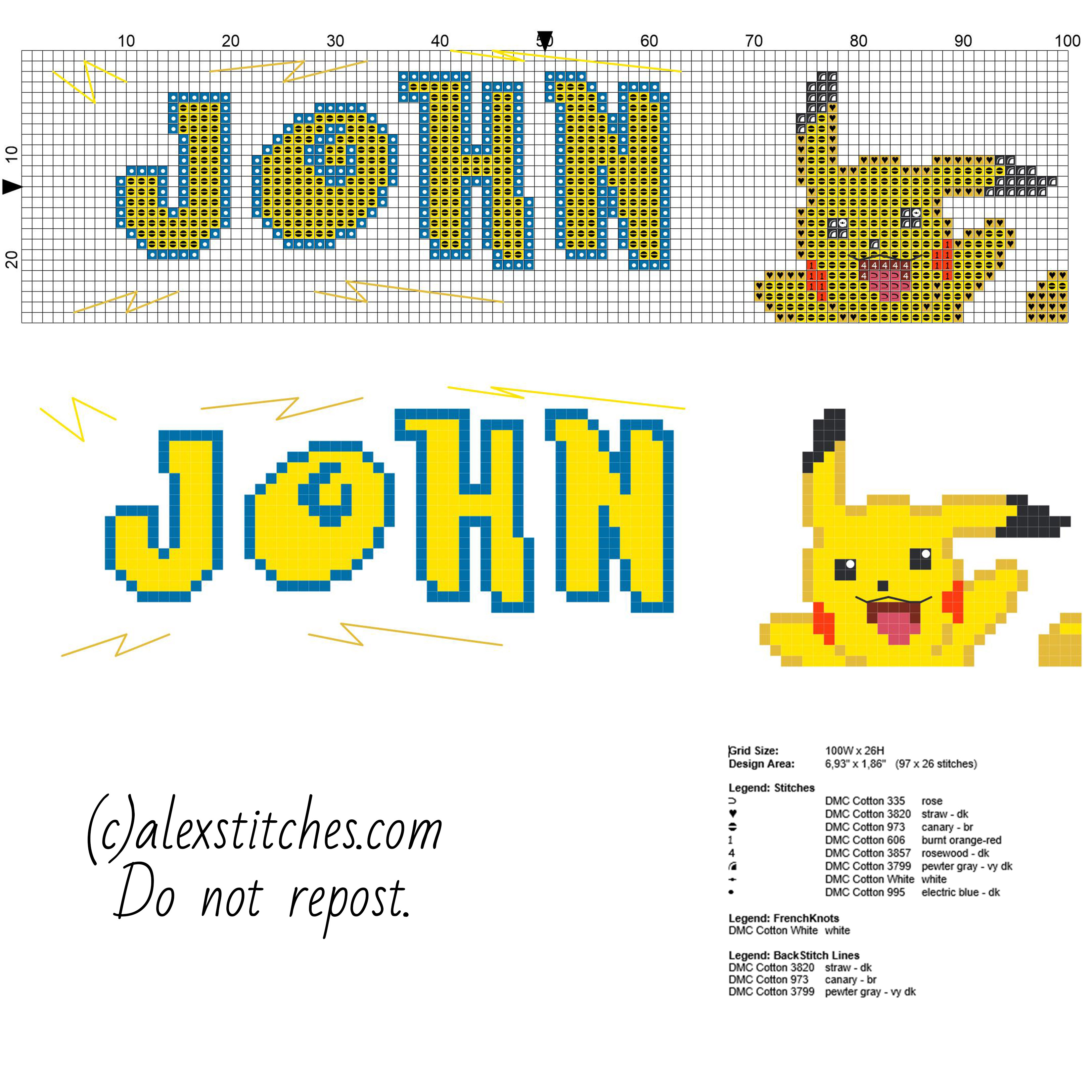 Cross stitch baby male name with Pikachu and Pokemon font free download