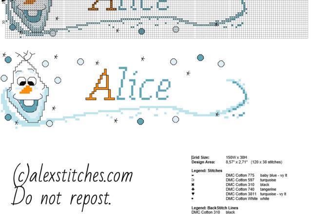 Cross stitch baby name Alice with Olaf character from Disney Frozen cartoon free download