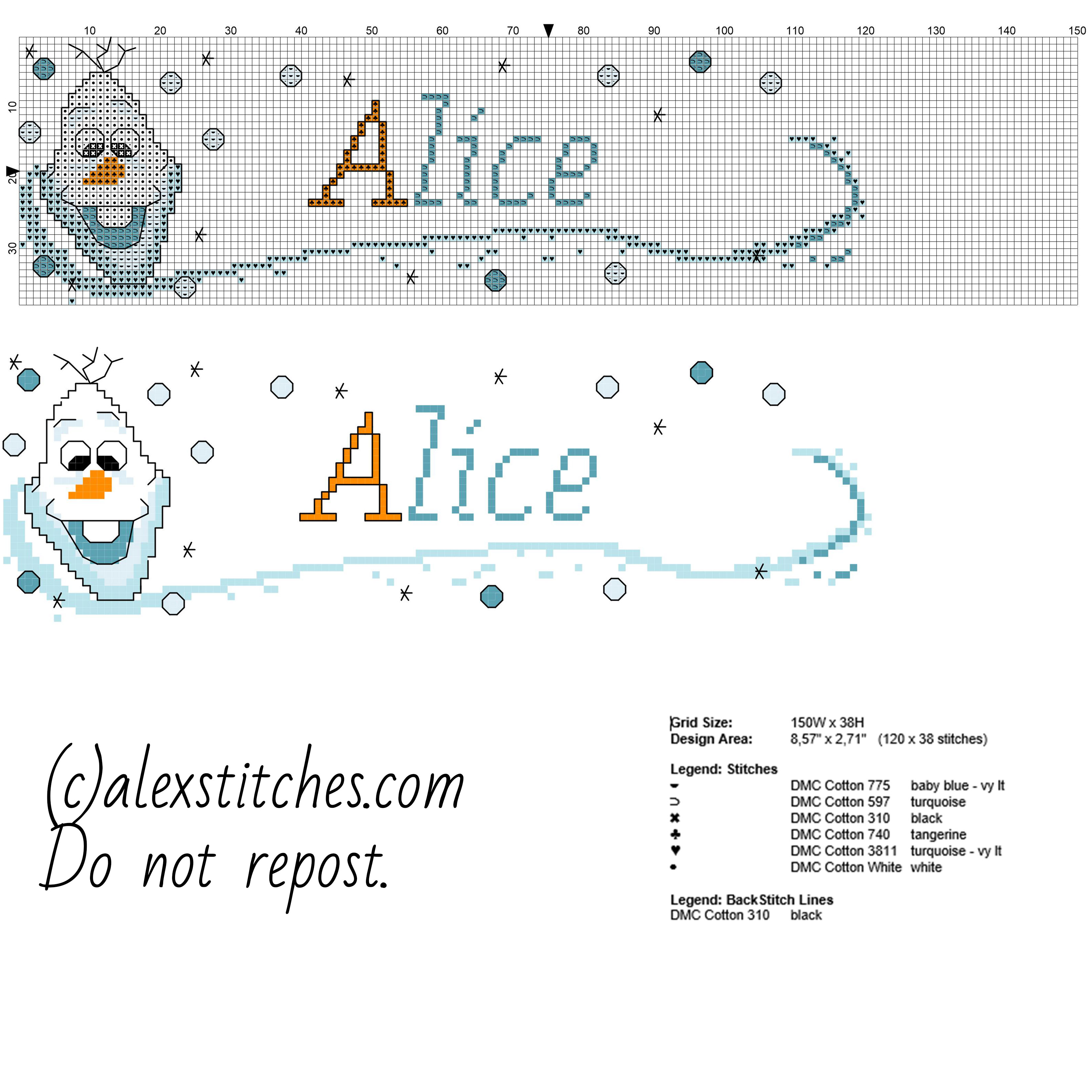 Cross stitch baby name Alice with Olaf character from Disney Frozen cartoon free download