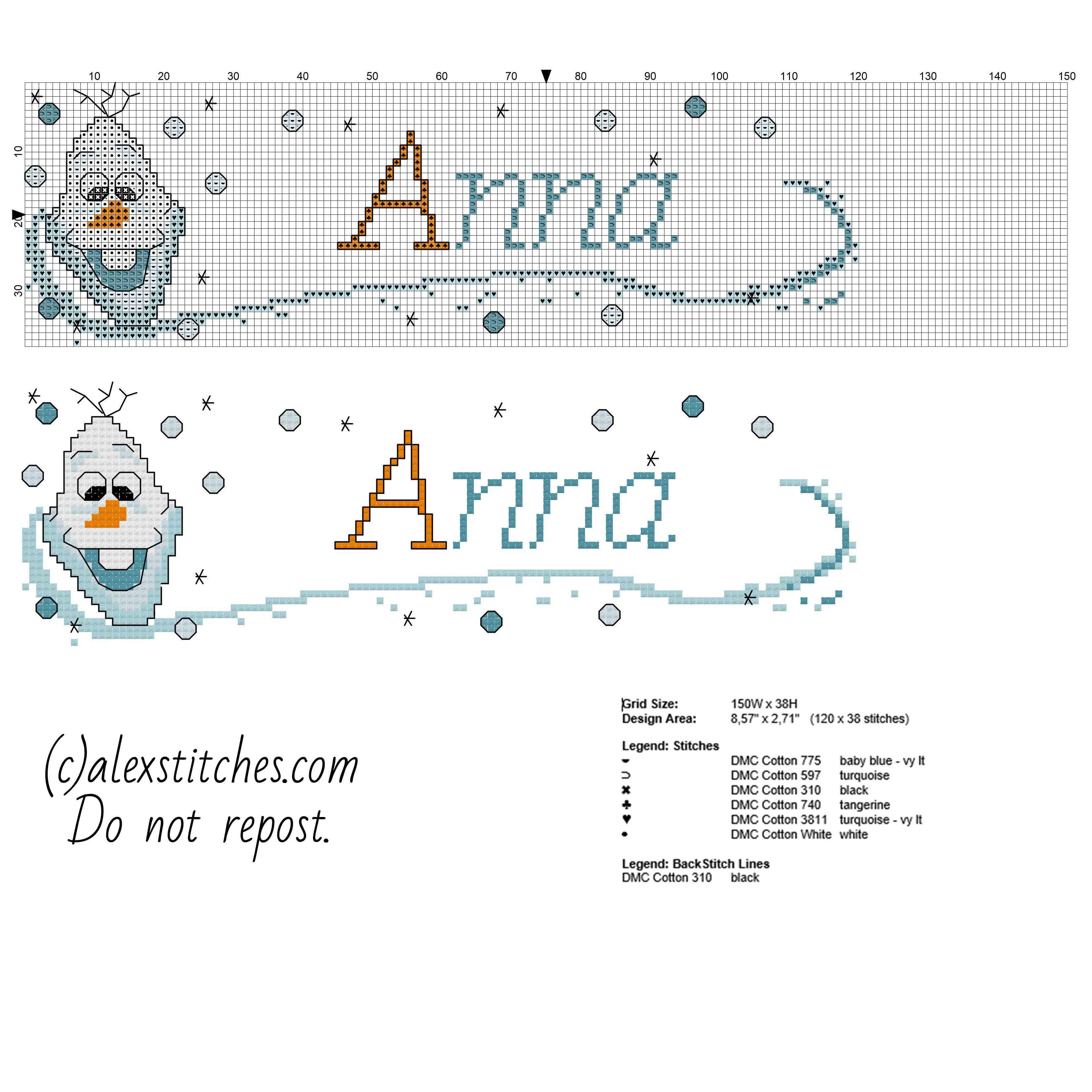Cross stitch baby name Anna with Olaf character from Disney Frozen cartoon
