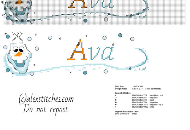 Cross stitch baby name Ava free pattern with Olaf the snowman from Disney Frozen
