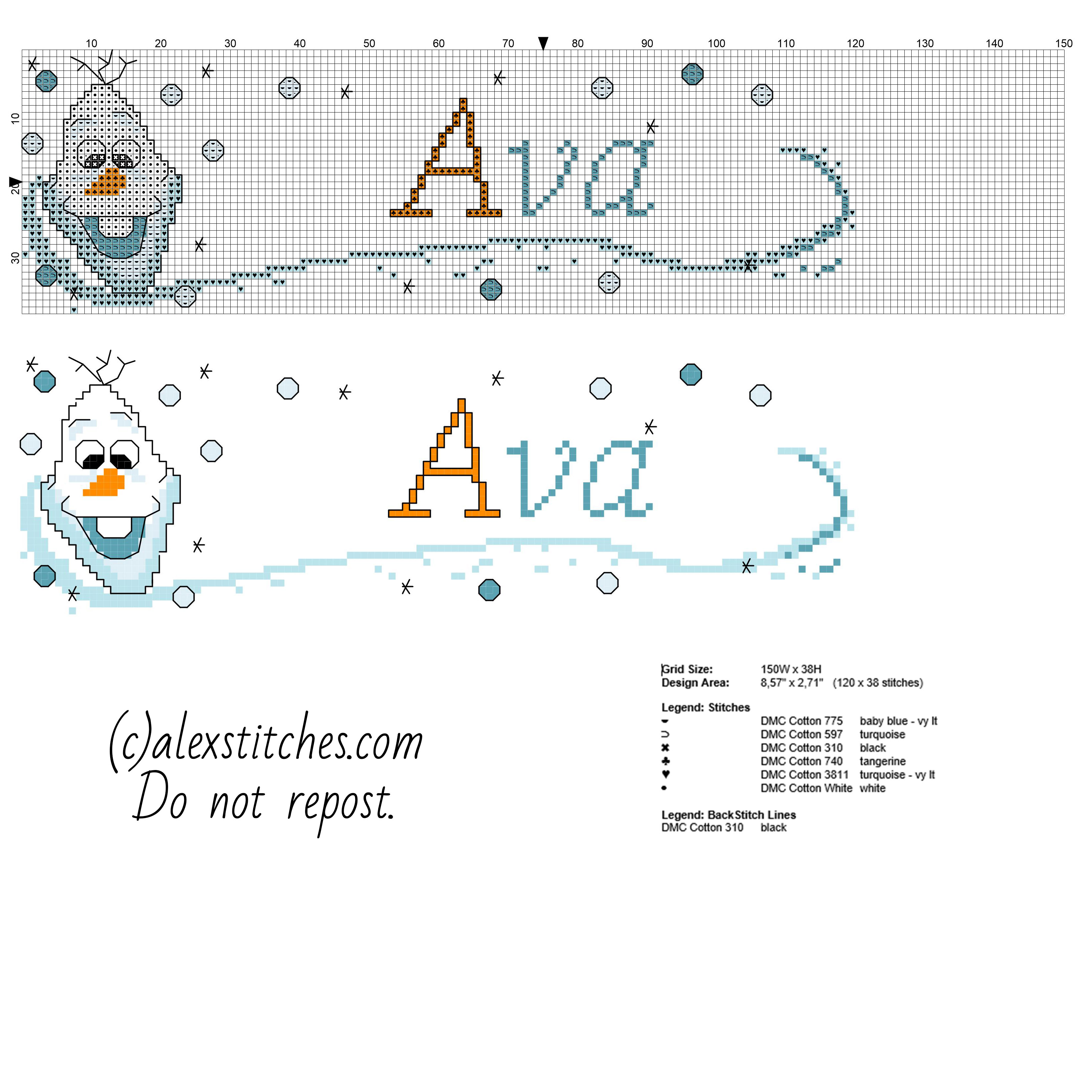 Cross stitch baby name Ava free pattern with Olaf the snowman from Disney Frozen