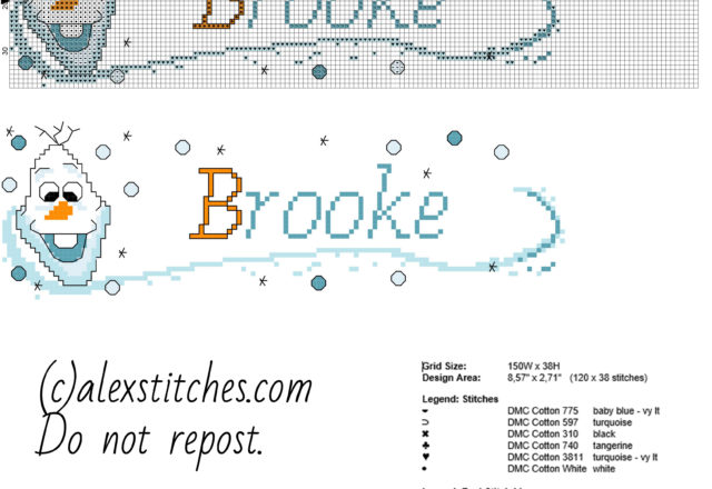 Cross stitch baby name Brooke with Olaf character from Disney Frozen free download