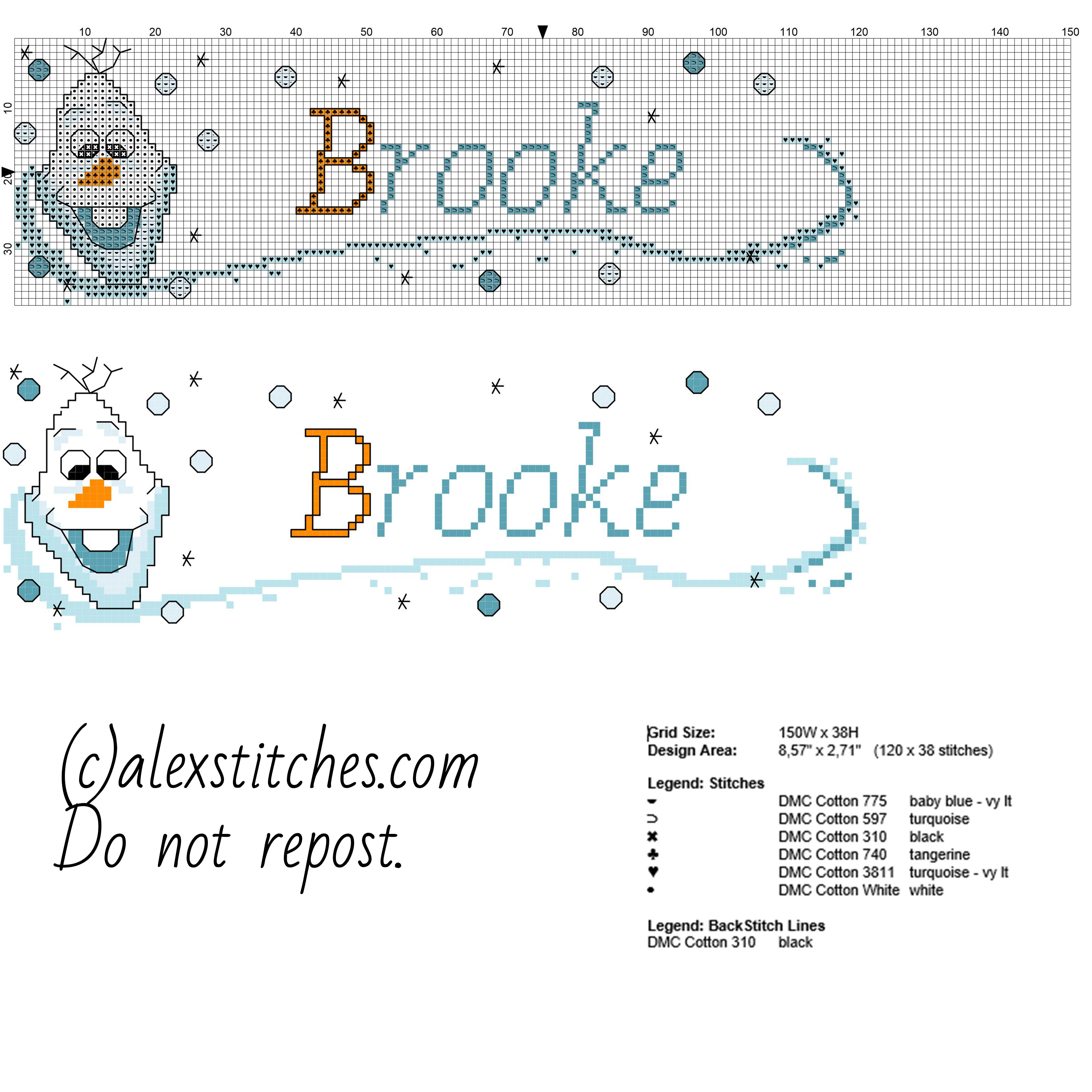 Cross stitch baby name Brooke with Olaf character from Disney Frozen free download