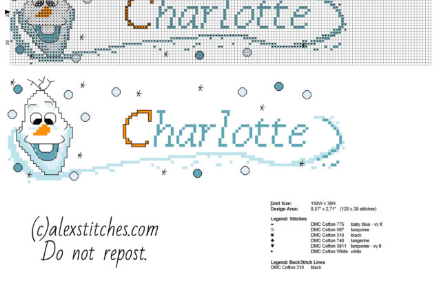 Cross stitch baby name Charlotte with Olaf the snowman from Disney Frozen cartoon