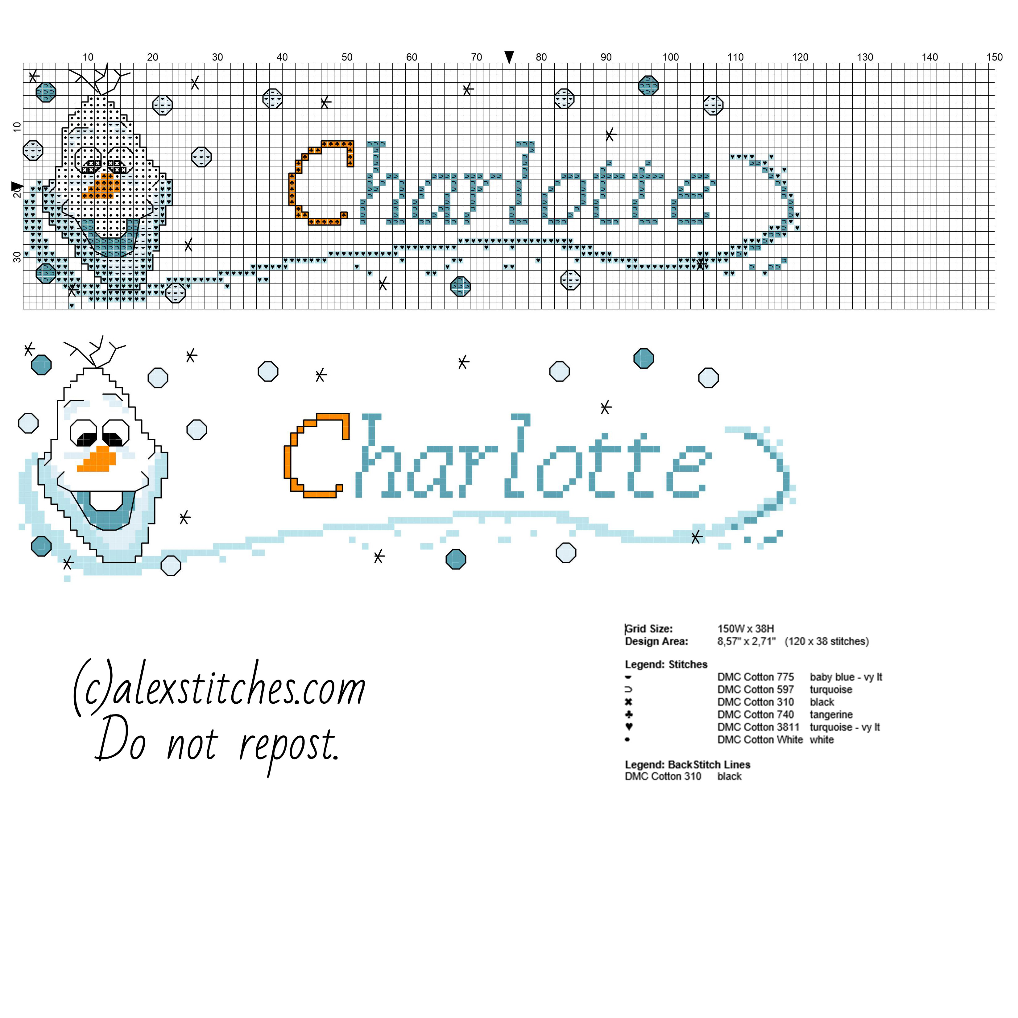 Cross stitch baby name Charlotte with Olaf the snowman from Disney Frozen cartoon