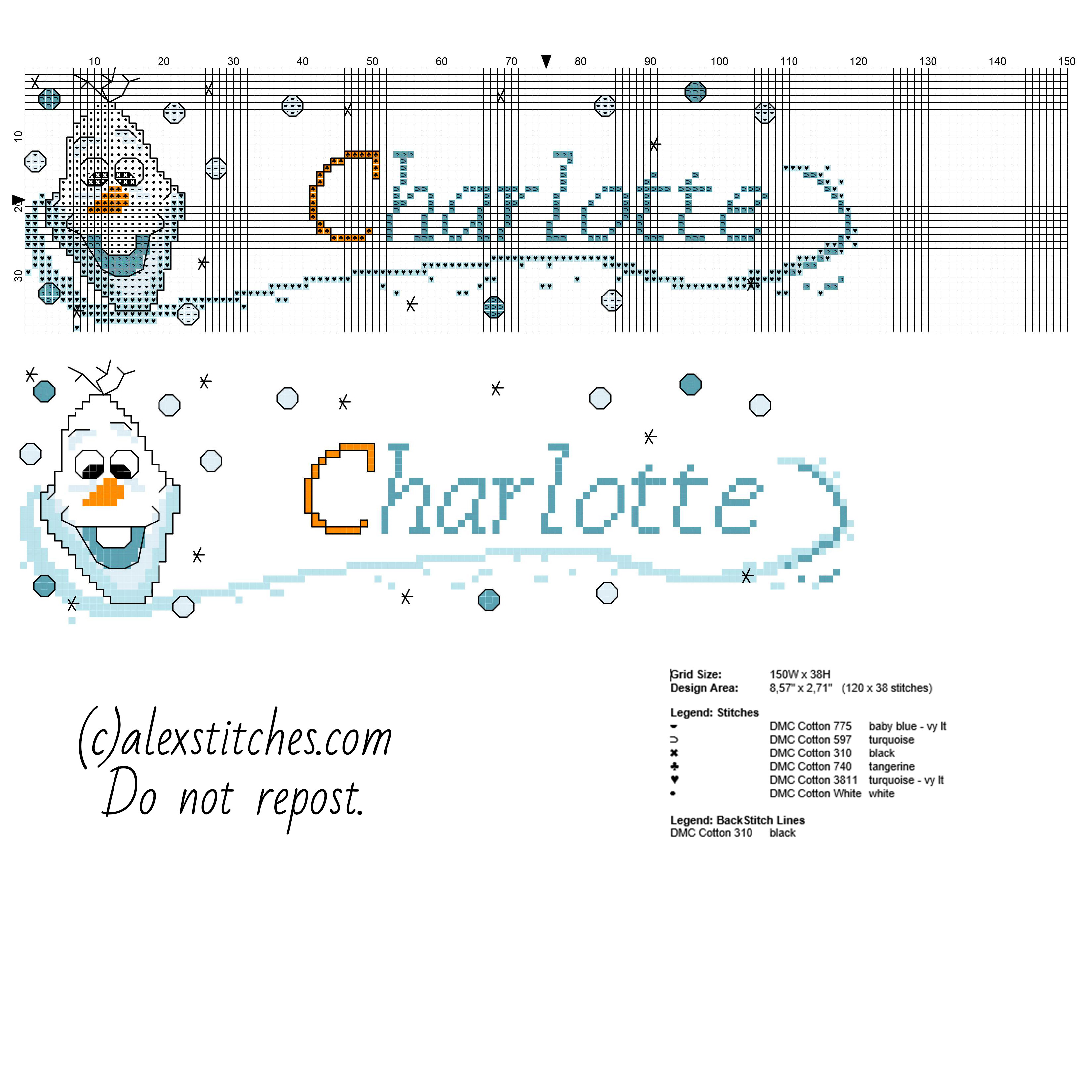 Cross stitch baby name Charlotte with Olaf the snowman from Disney Frozen cartoon