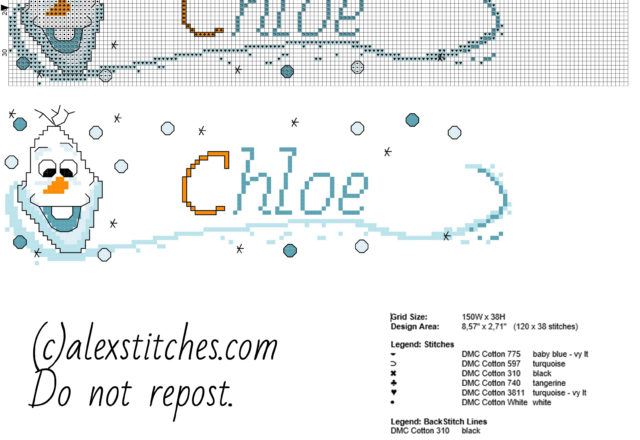 Cross stitch baby name Chloe with Olaf character form Disney Frozen cartoon