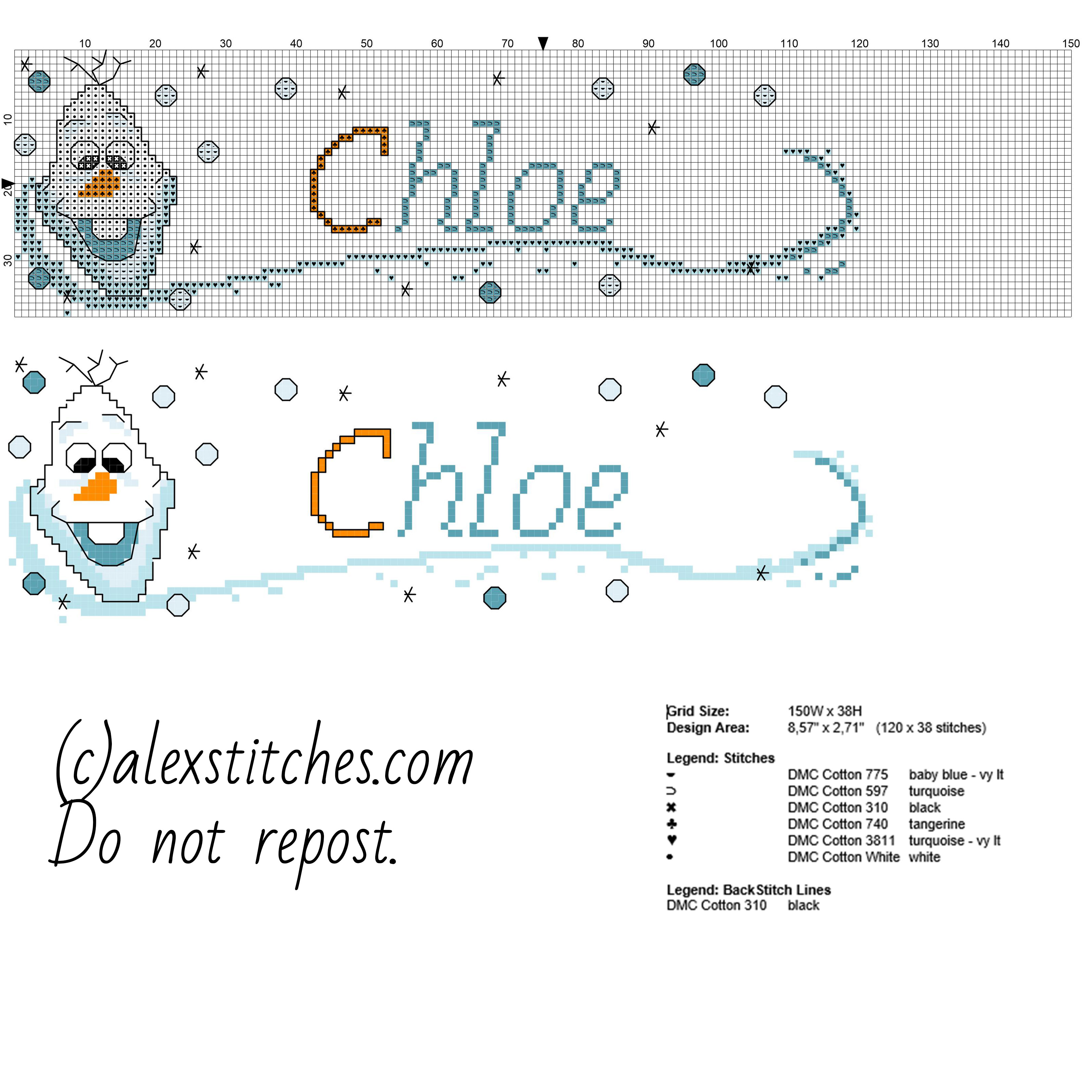 Cross stitch baby name Chloe with Olaf character form Disney Frozen cartoon