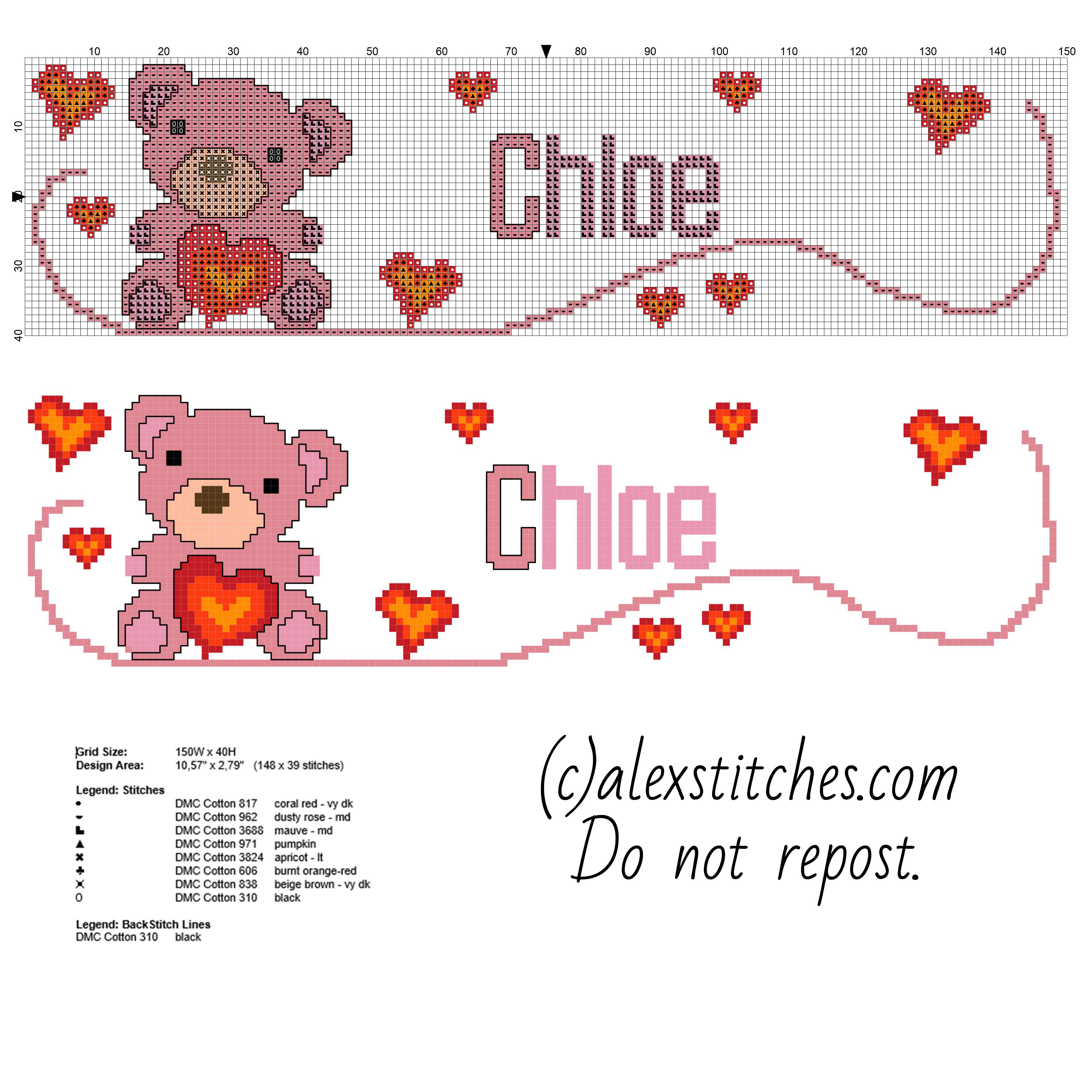 Cross stitch baby name Chloe with a sweet teddy bear free download