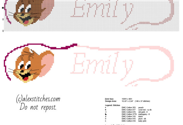 Cross stitch baby name Emily with Jerry from Tom and Jerry cartoon free download
