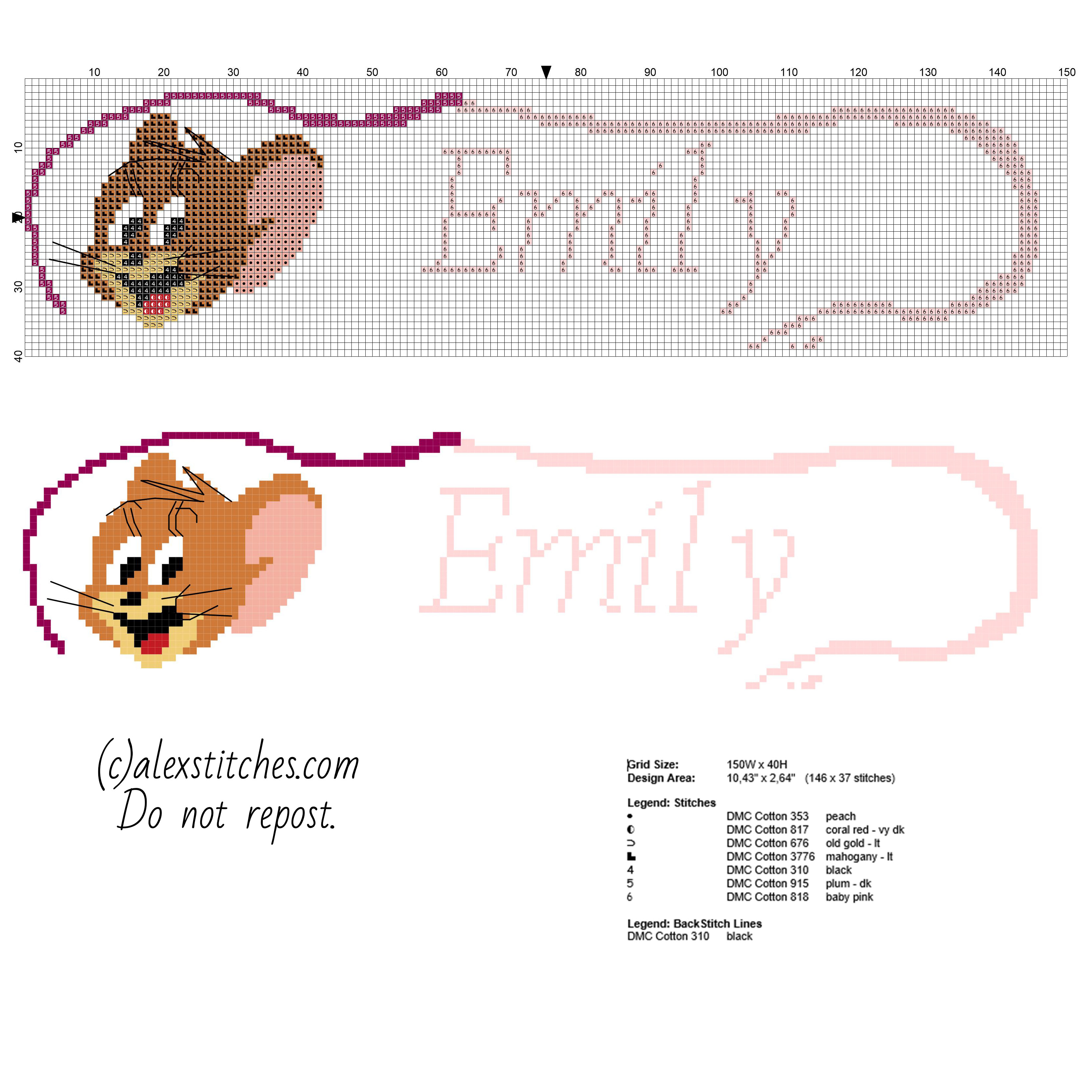 Cross stitch baby name Emily with Jerry from Tom and Jerry cartoon free download