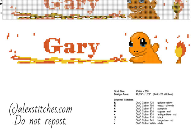 Cross stitch baby name Gary with Pokemon Charmander with flames free download and use