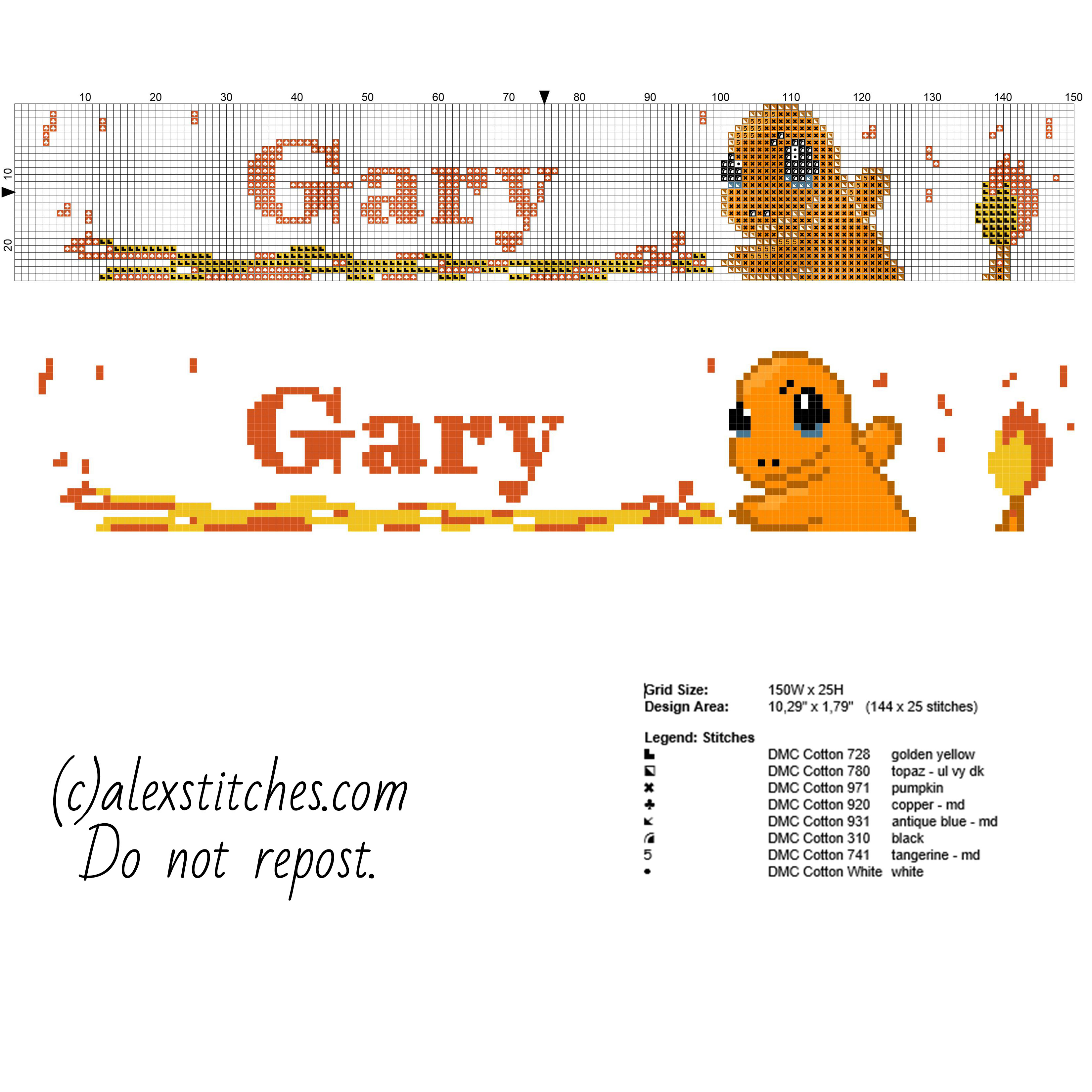 Cross stitch baby name Gary with Pokemon Charmander with flames free download and use