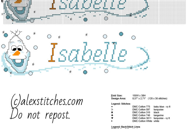 Cross stitch baby name Isabelle with Olaf character from Disney Frozen cartoon