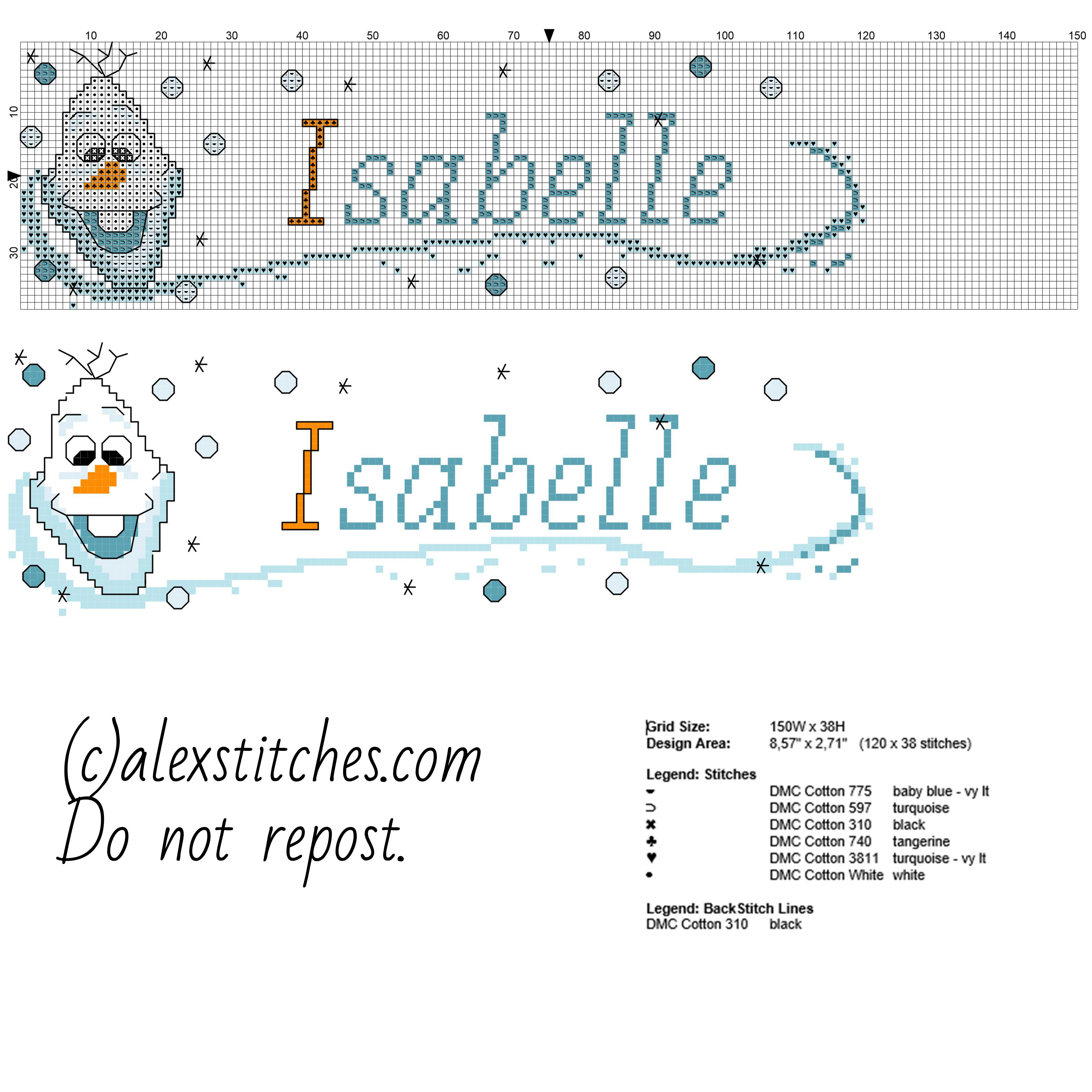 Cross stitch baby name Isabelle with Olaf character from Disney Frozen cartoon