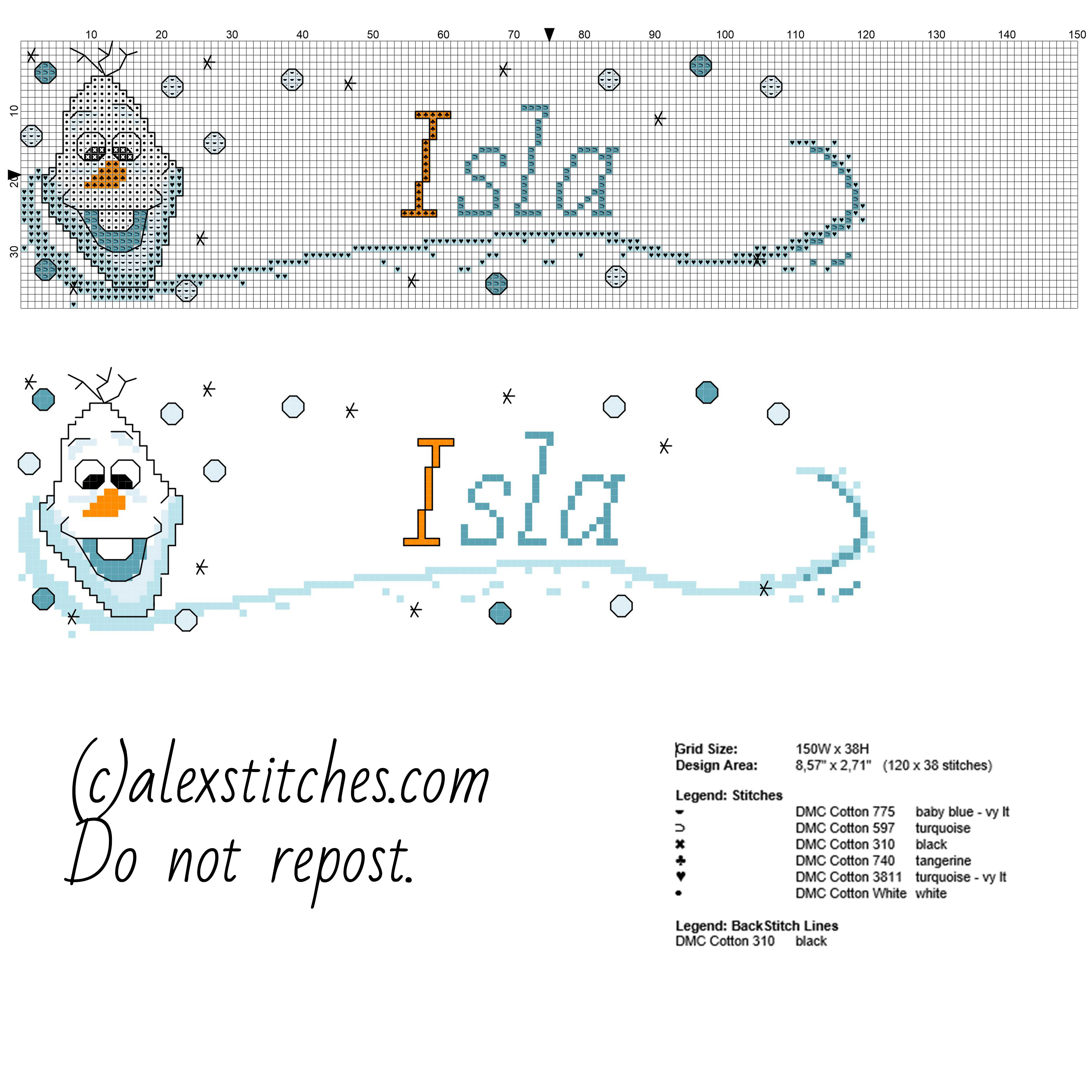 Cross stitch baby name Isla with Olaf character form Disney Frozen cartoon