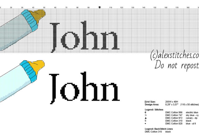Cross stitch baby name John with a light blue feeding bottle free download