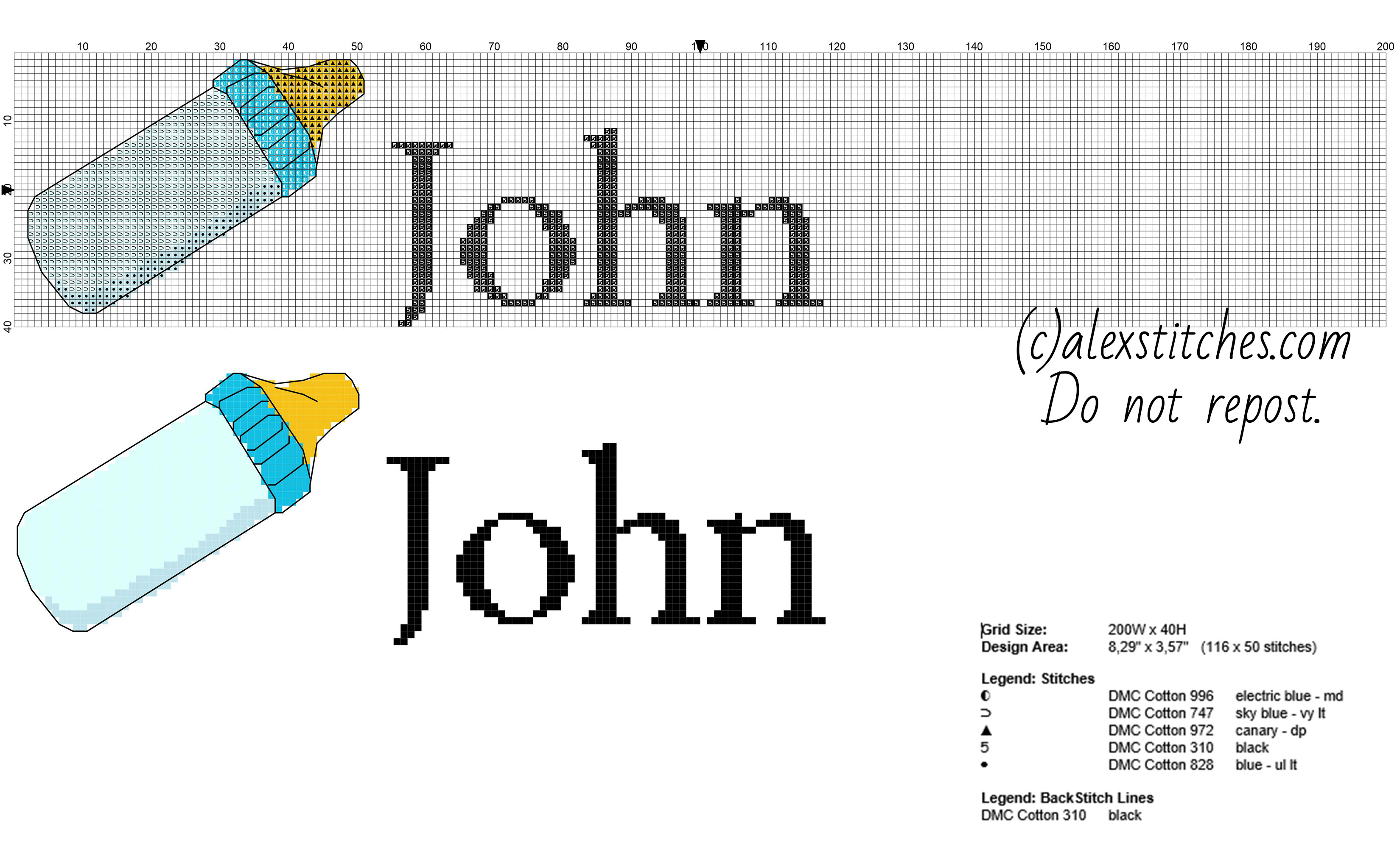 Cross stitch baby name John with a light blue feeding bottle free download