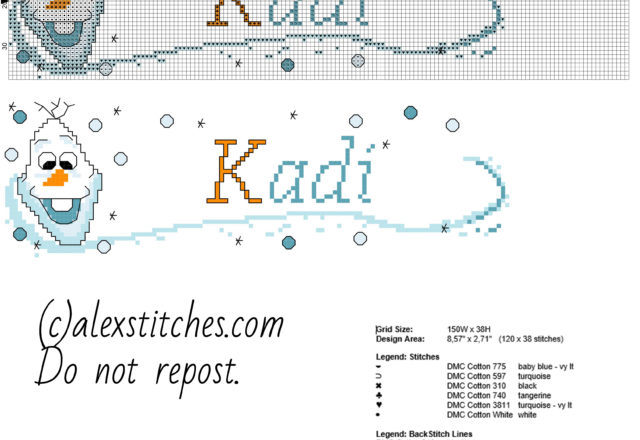 Cross stitch baby name Kadi with Olaf character from Disney Frozen cartoon