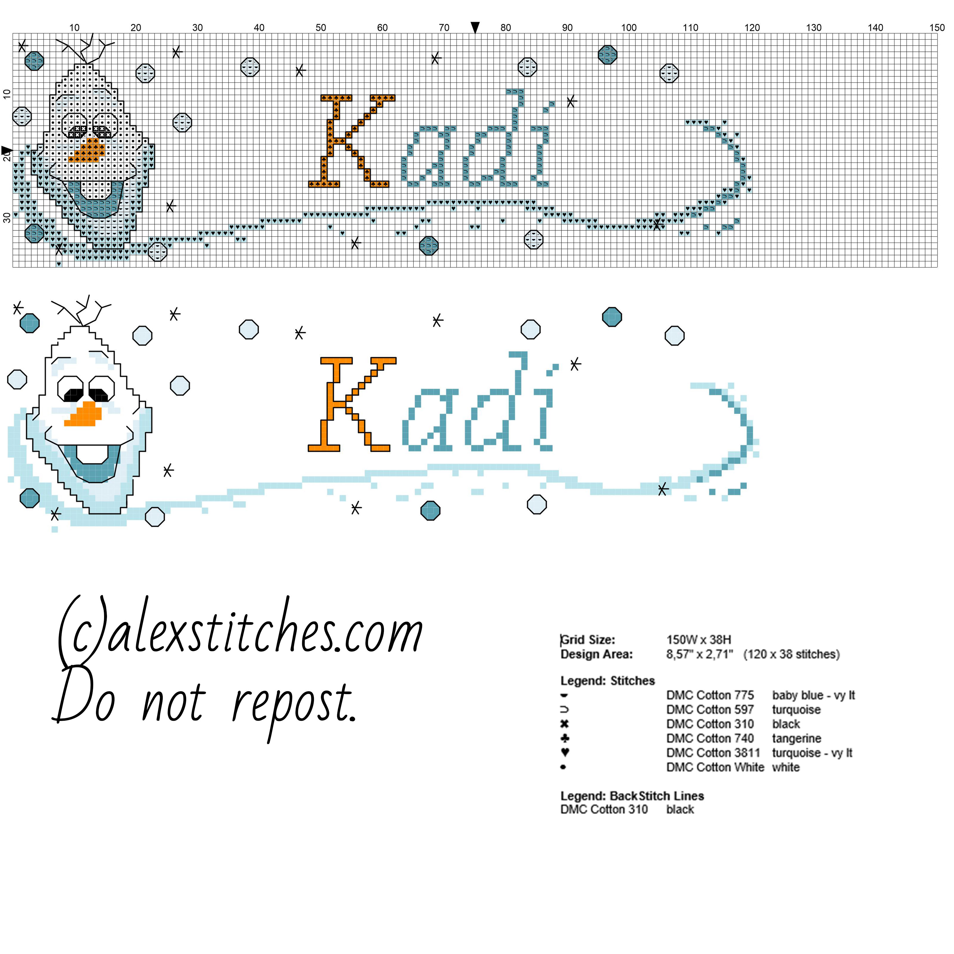 Cross stitch baby name Kadi with Olaf character from Disney Frozen cartoon