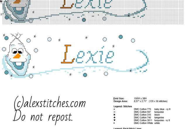 Cross stitch baby name Lexie with Olaf character from Disney Frozen cartoon