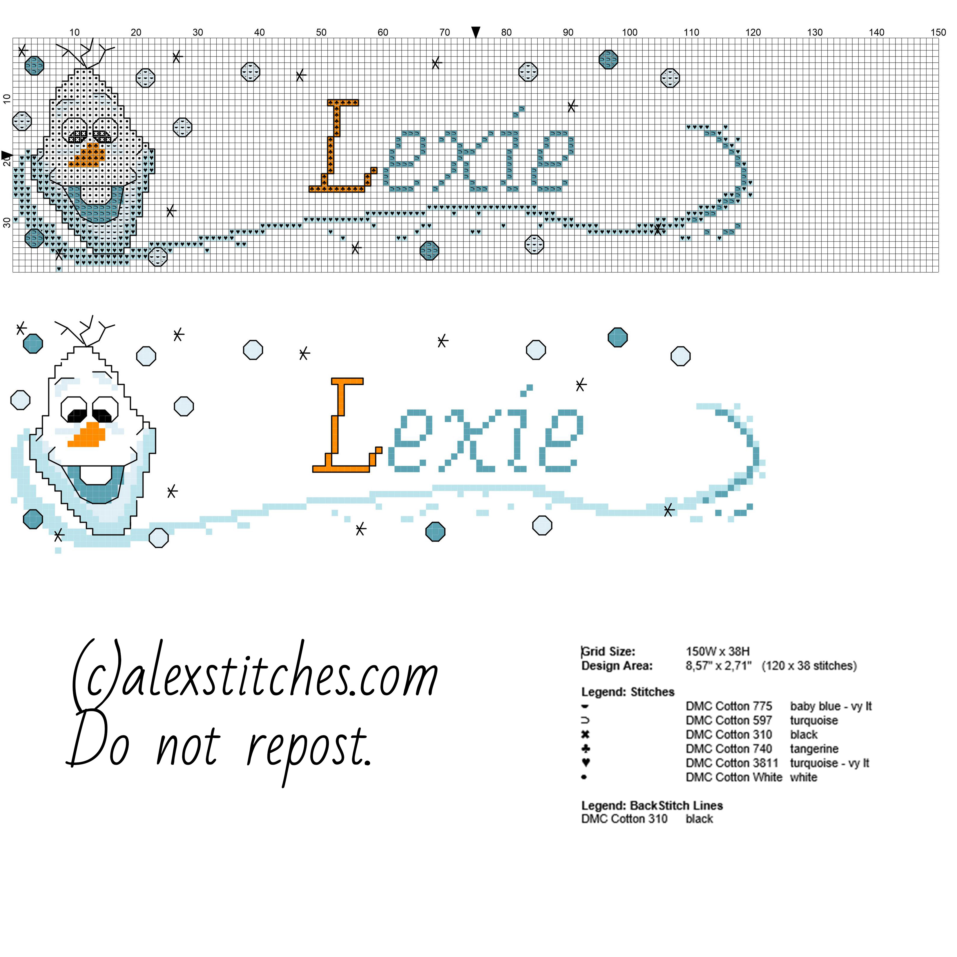Cross stitch baby name Lexie with Olaf character from Disney Frozen cartoon