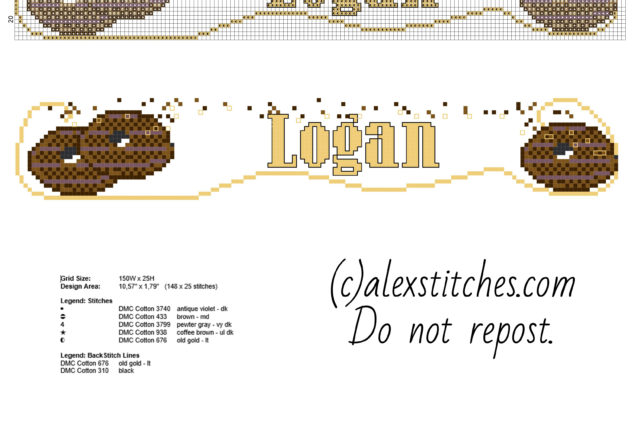 Cross stitch baby name Logan with chocolate biscuits