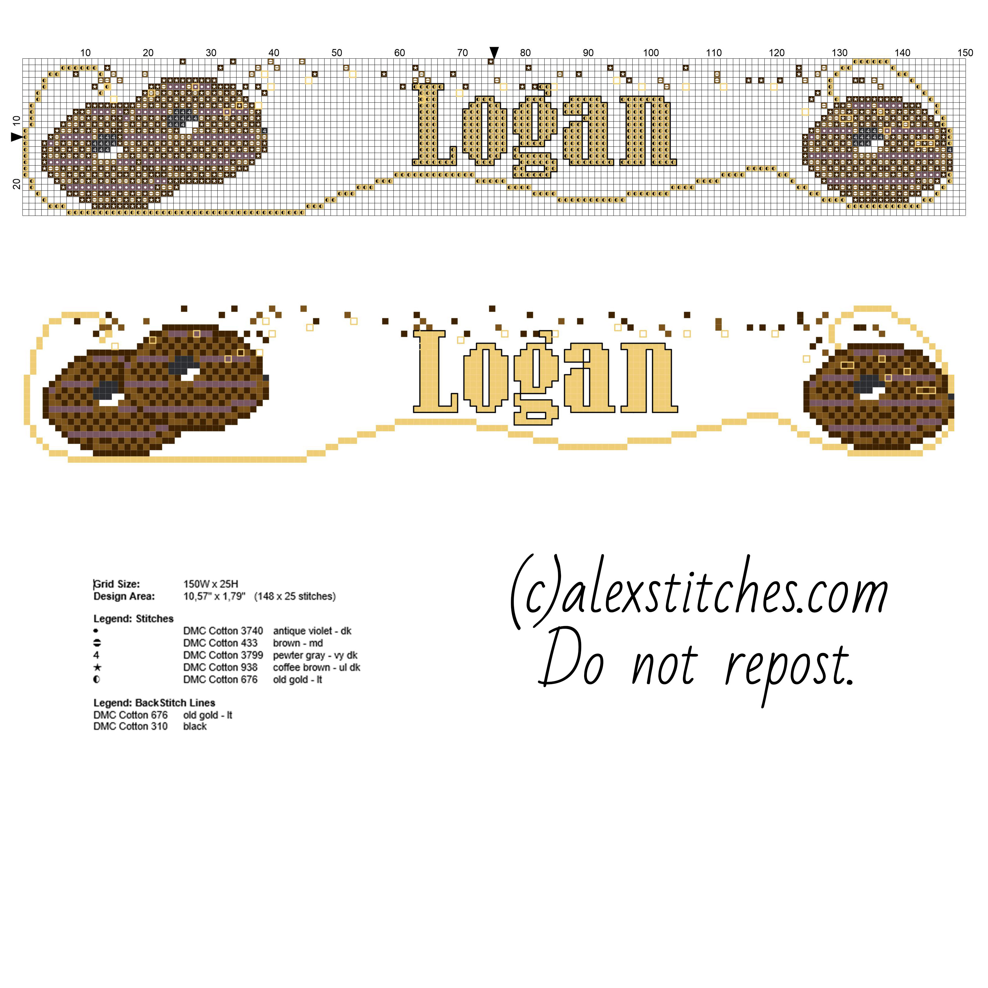 Cross stitch baby name Logan with chocolate biscuits