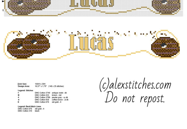 Cross stitch baby name Lucas with chocolate biscuits free pcstitch download