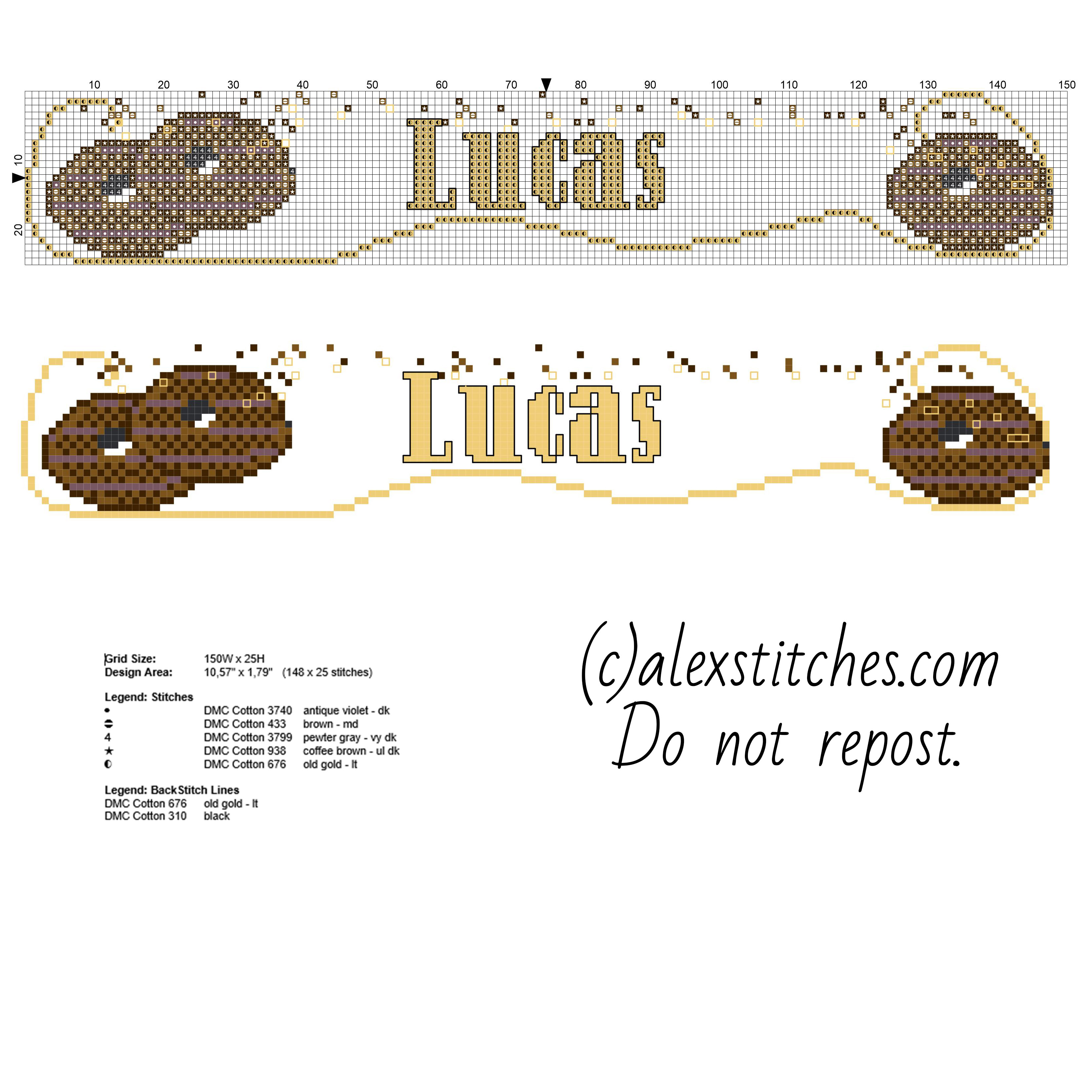 Cross stitch baby name Lucas with chocolate biscuits free pcstitch download