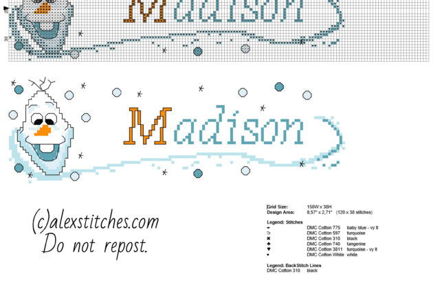 Cross stitch baby name Madison with the funny snowman Olaf Disney Frozen cartoon