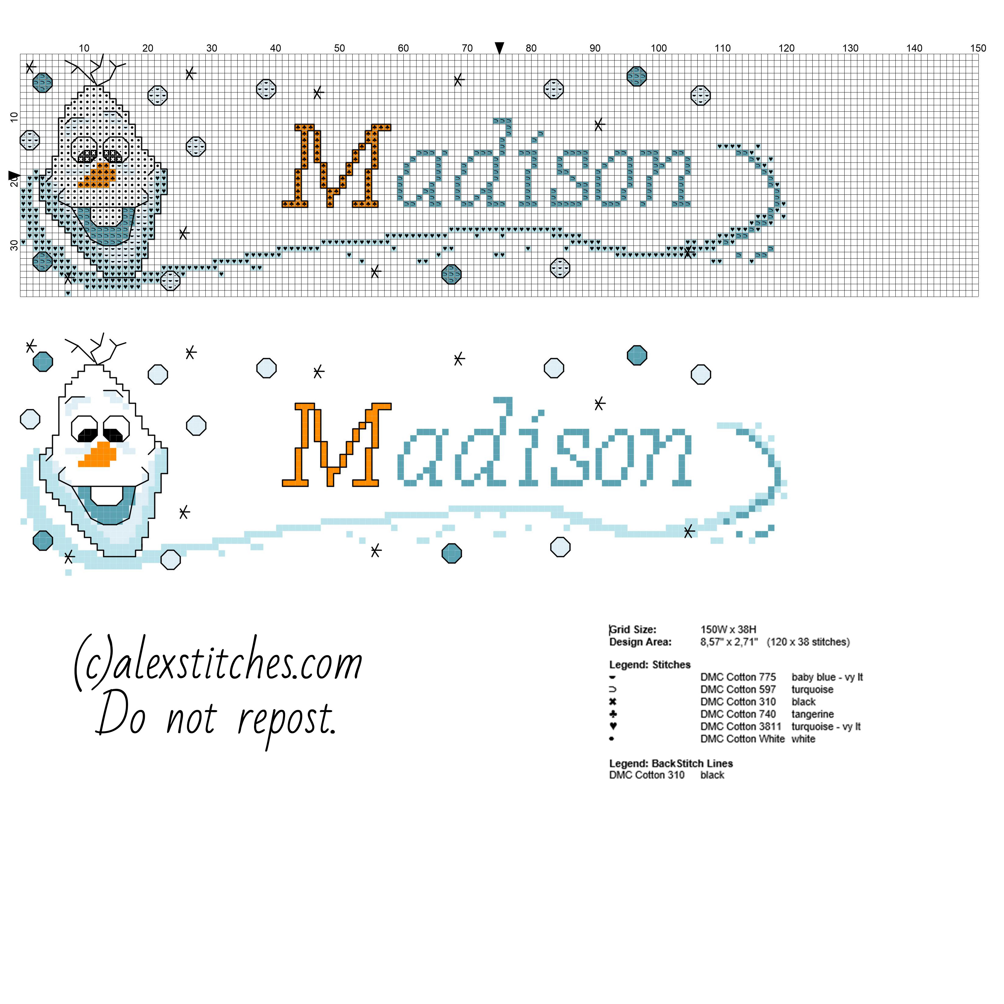 Cross stitch baby name Madison with the funny snowman Olaf Disney Frozen cartoon