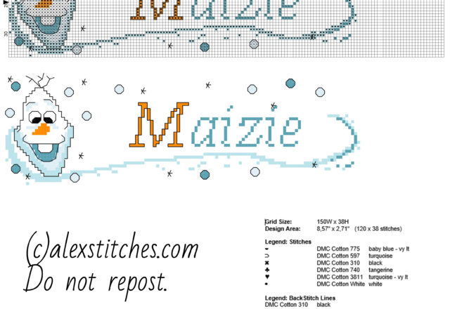 Cross stitch baby name Maizie with Olaf from Disney Frozen cartoon free download