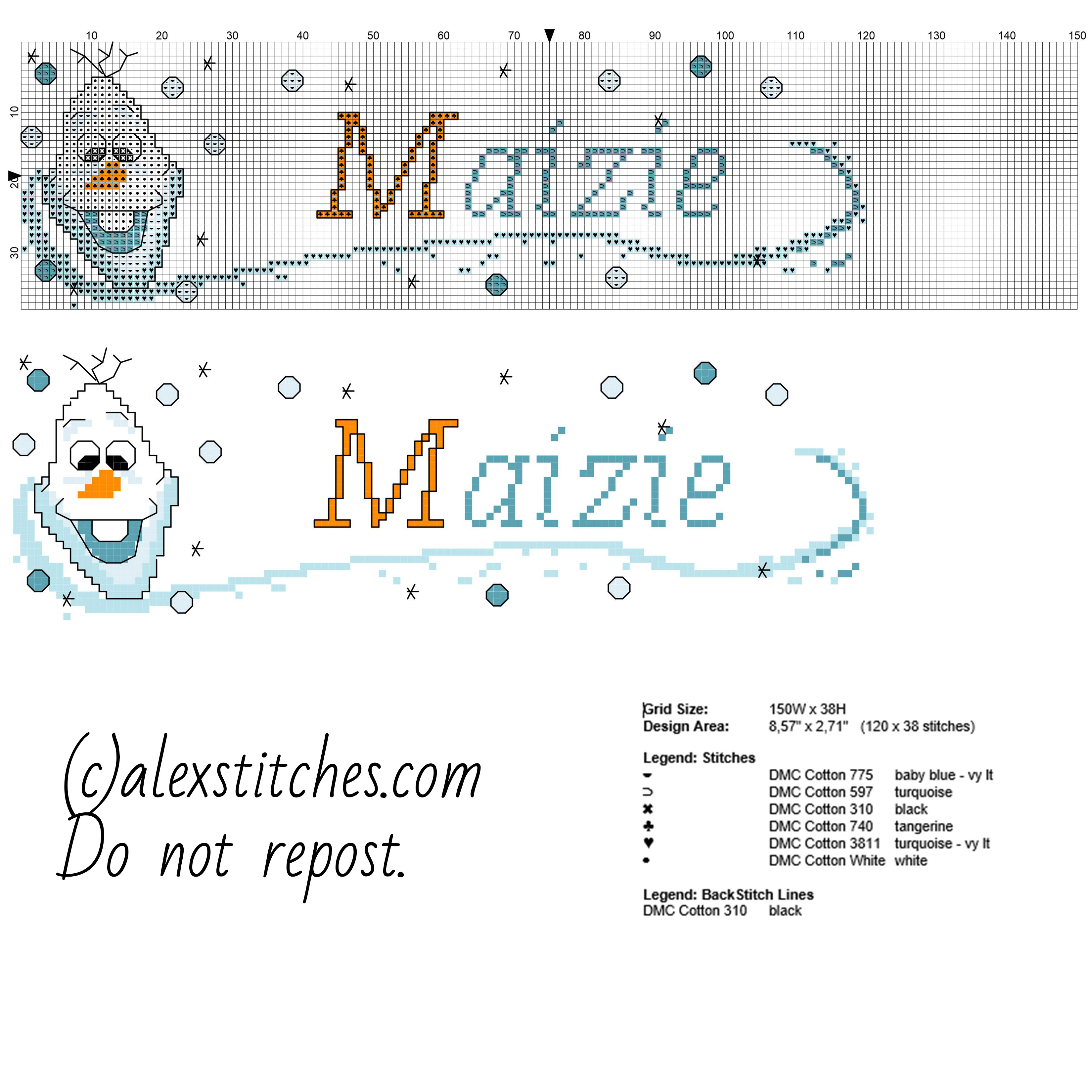 Cross stitch baby name Maizie with Olaf from Disney Frozen cartoon free download