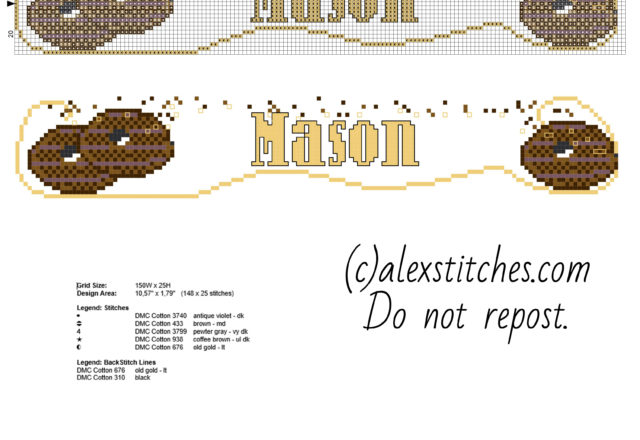 Cross stitch baby name Mason with chocolate biscuits