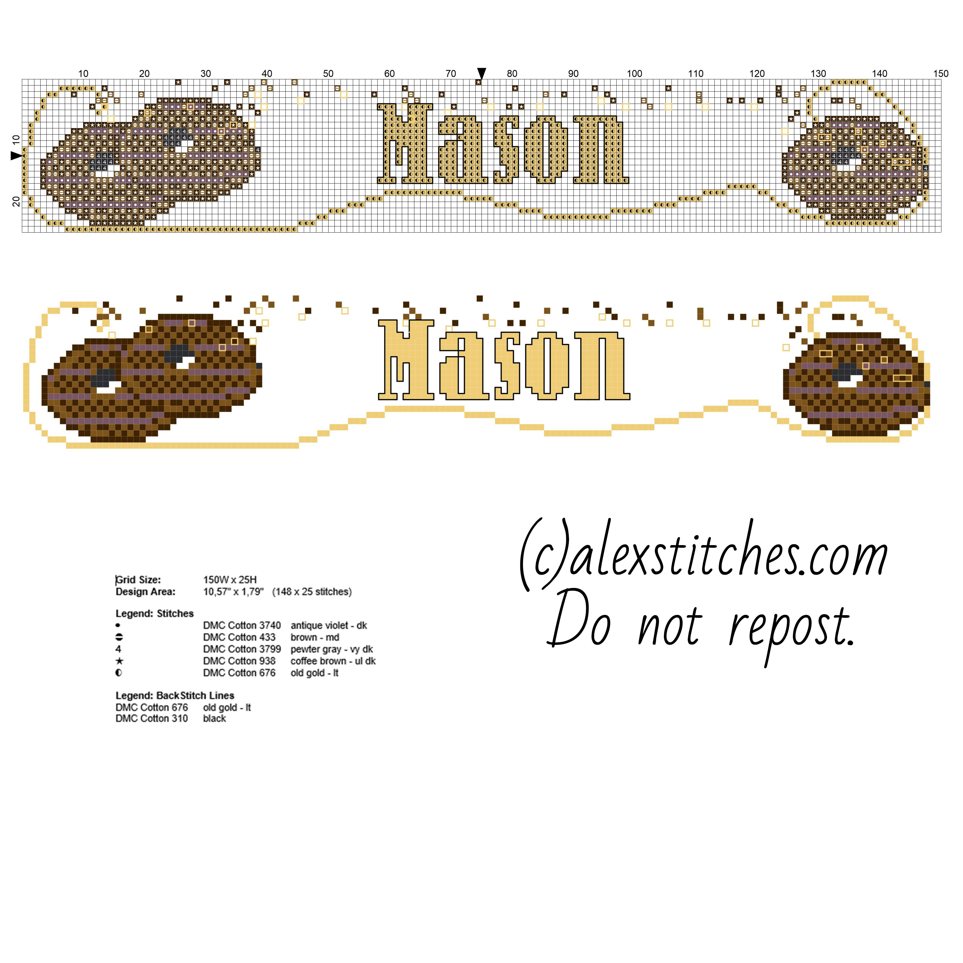 Cross stitch baby name Mason with chocolate biscuits