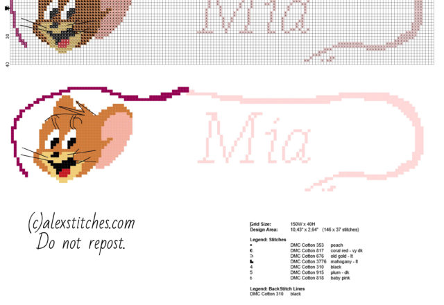 Cross stitch baby name Mia with Jerry from Tom and Jerry cartoon