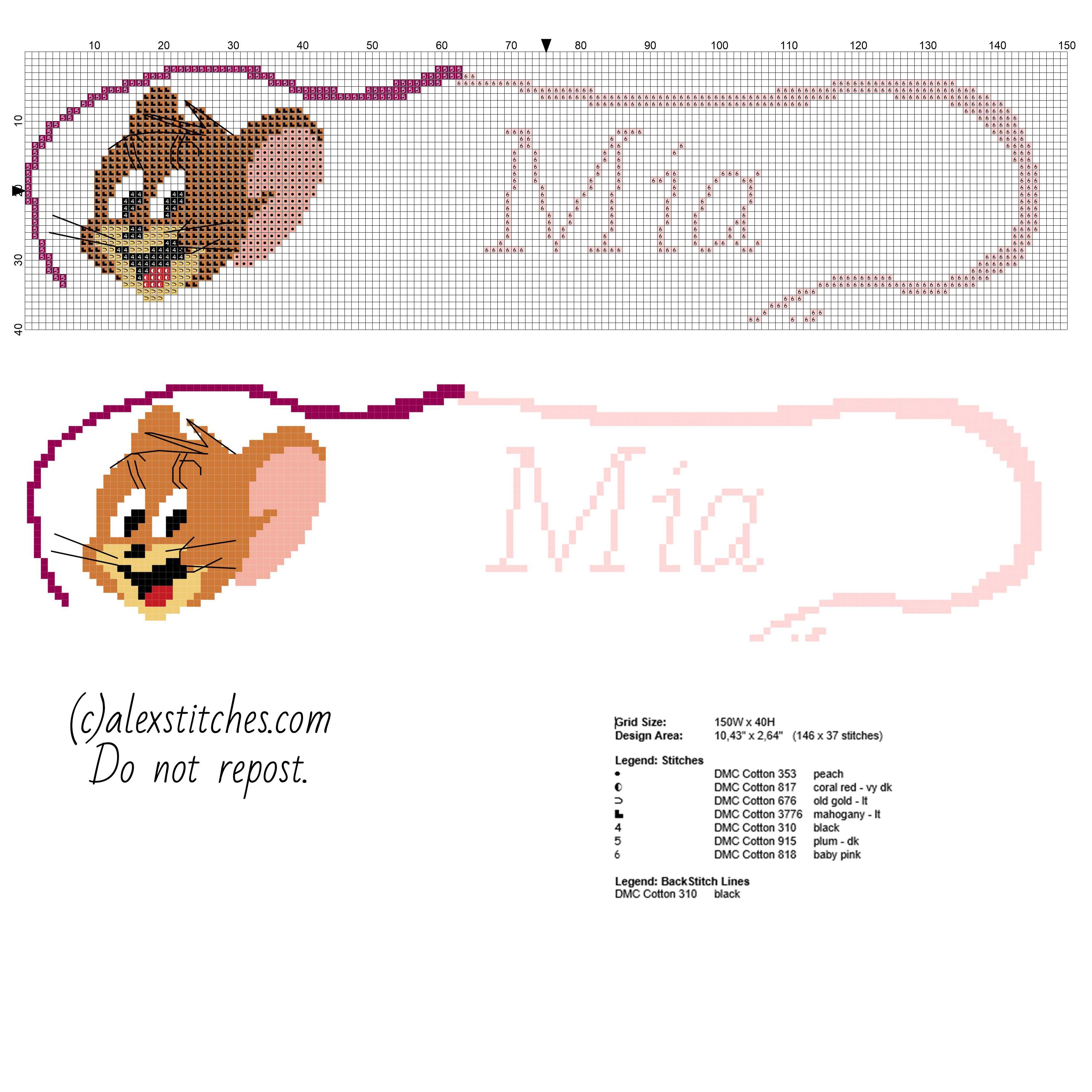 Cross stitch baby name Mia with Jerry from Tom and Jerry cartoon