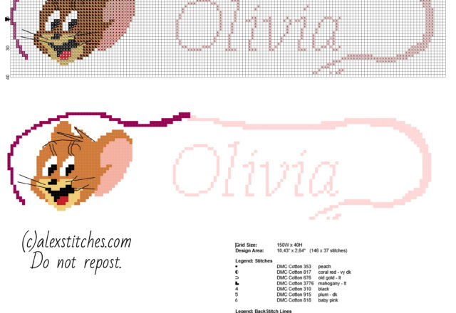 Cross stitch baby name Olivia with Jerry character from Tom and Jerry cartoon